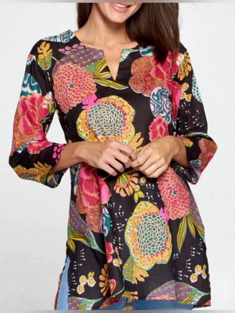 Lightweight Cotton Tunic Jungle Floral Print in Rainbow Colours on Black